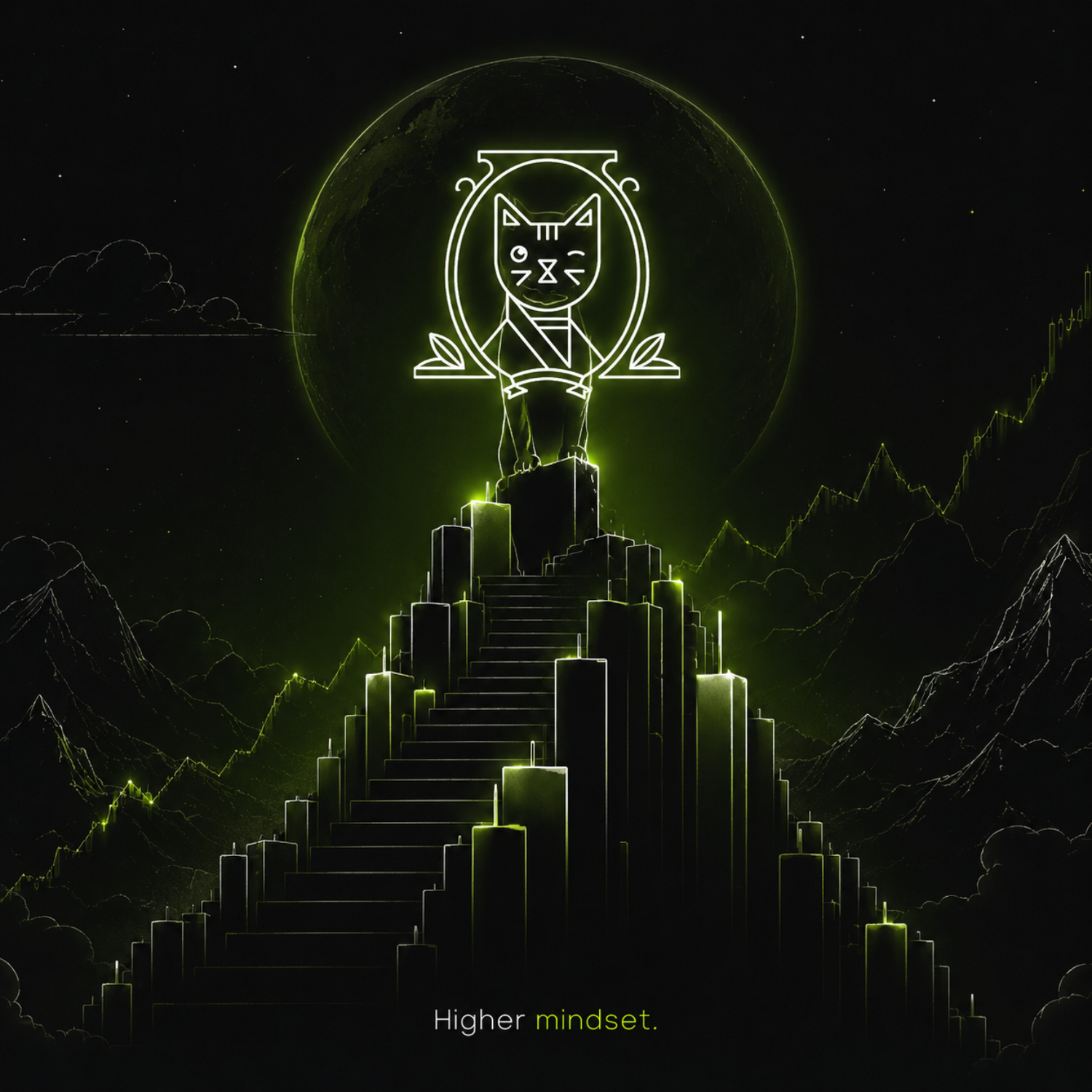 Winkcat above a monumental staircase; higher mindset